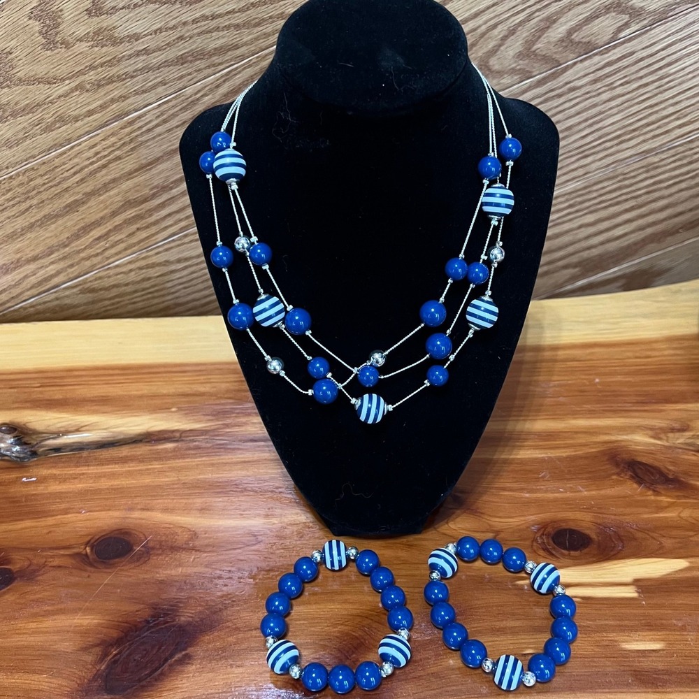 Vintage Bright Blue Beaded Necklace Bracelet Set Chunky 90's Y2K Adjustable